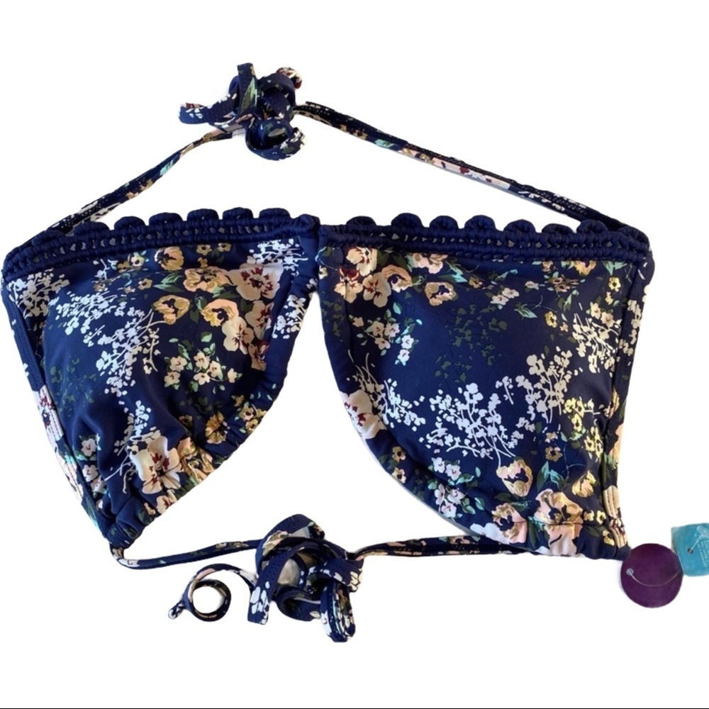 Ambrielle Women Blue Floral Tie Neck Back Bikini Top Sz XL NWT Bathing Swim Suit